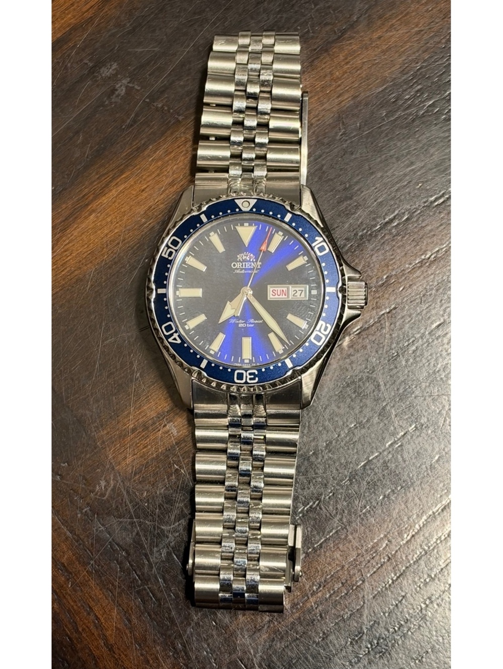 Orient Automatic Wristwatch with Blue Bezel and Stainless Steel Band